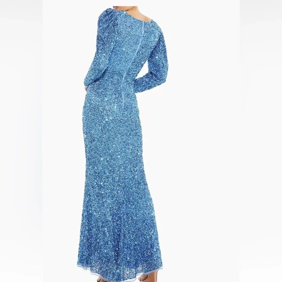 Mac Duggal Sparkling Blue Long Sleeve Dress - Picture 2 of 3